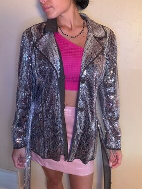 Chico's Vintage Silver Sequin Snake-Print Trench Coat